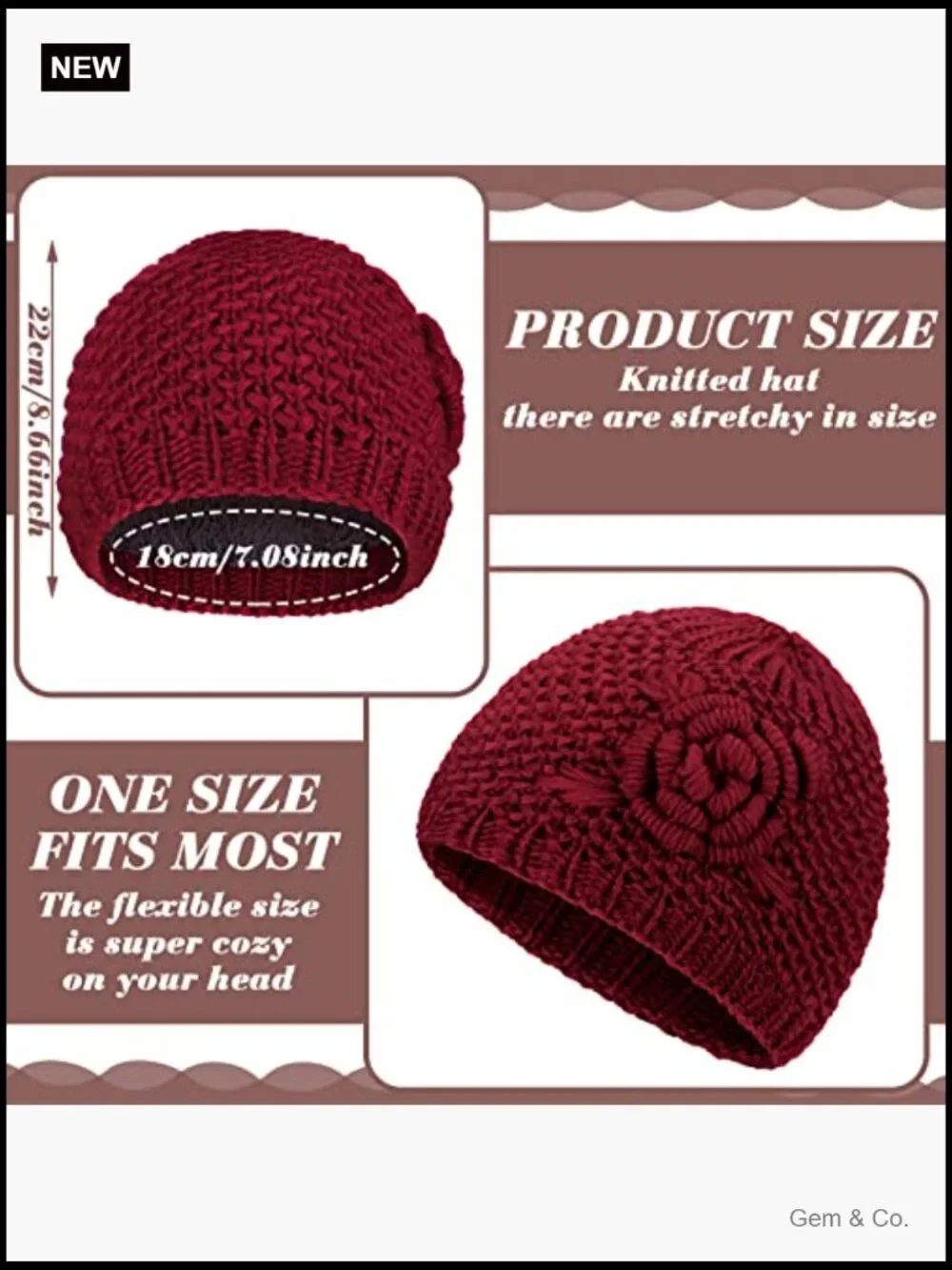 4 Pack Floral Knitted Beanies Winter Hats for Women Flannelette Lined